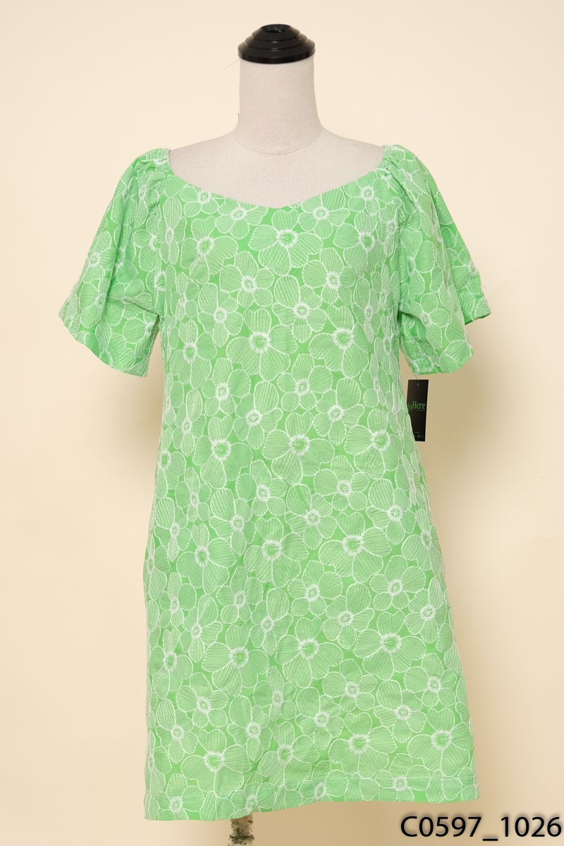 Đầm xanh lá hoa trắng