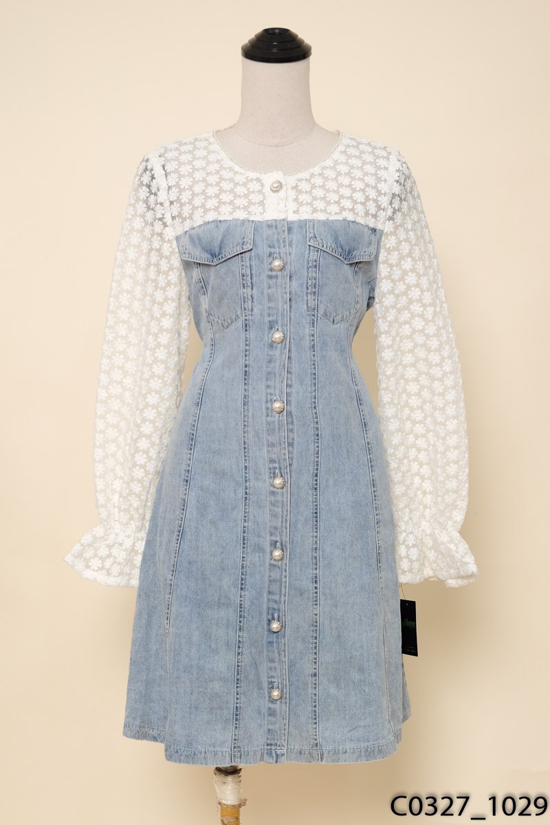 Đầm jeans xanh phối trắng
