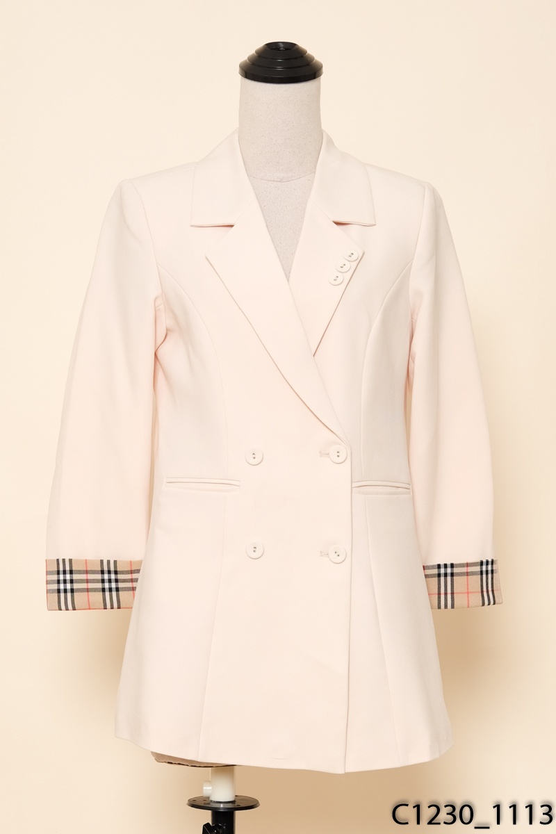 Áo khoác vest be tay kẻ nâu