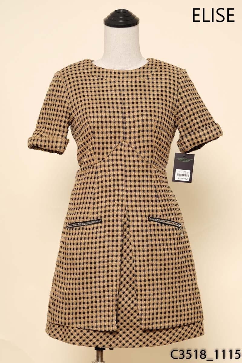 Đầm dạ caro nâu Elise