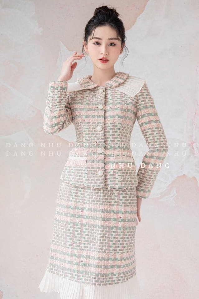 NHU DANG DESIGN-Set dạ kẻ xanh hồng