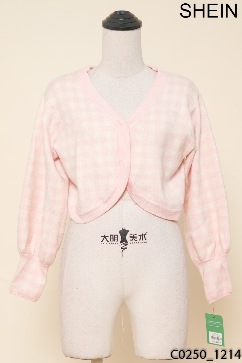 Áo cardigan len kẻ hồng be Shein