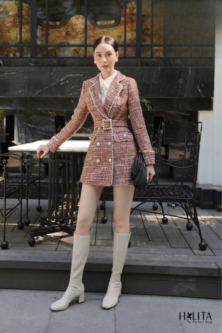 HALITA-Đầm dạ kẻ nâu cổ vest