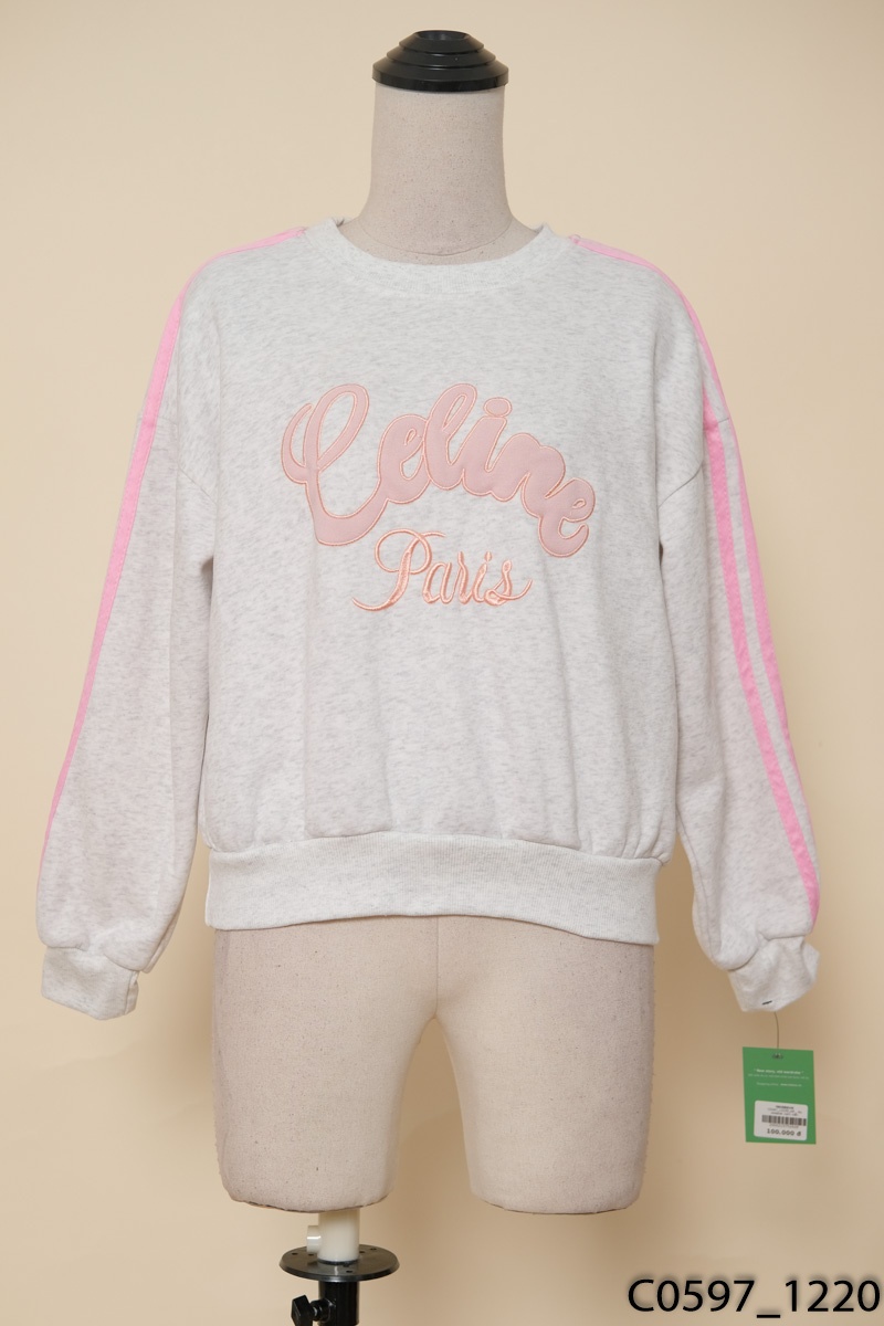 Áo sweater xám viền hồng