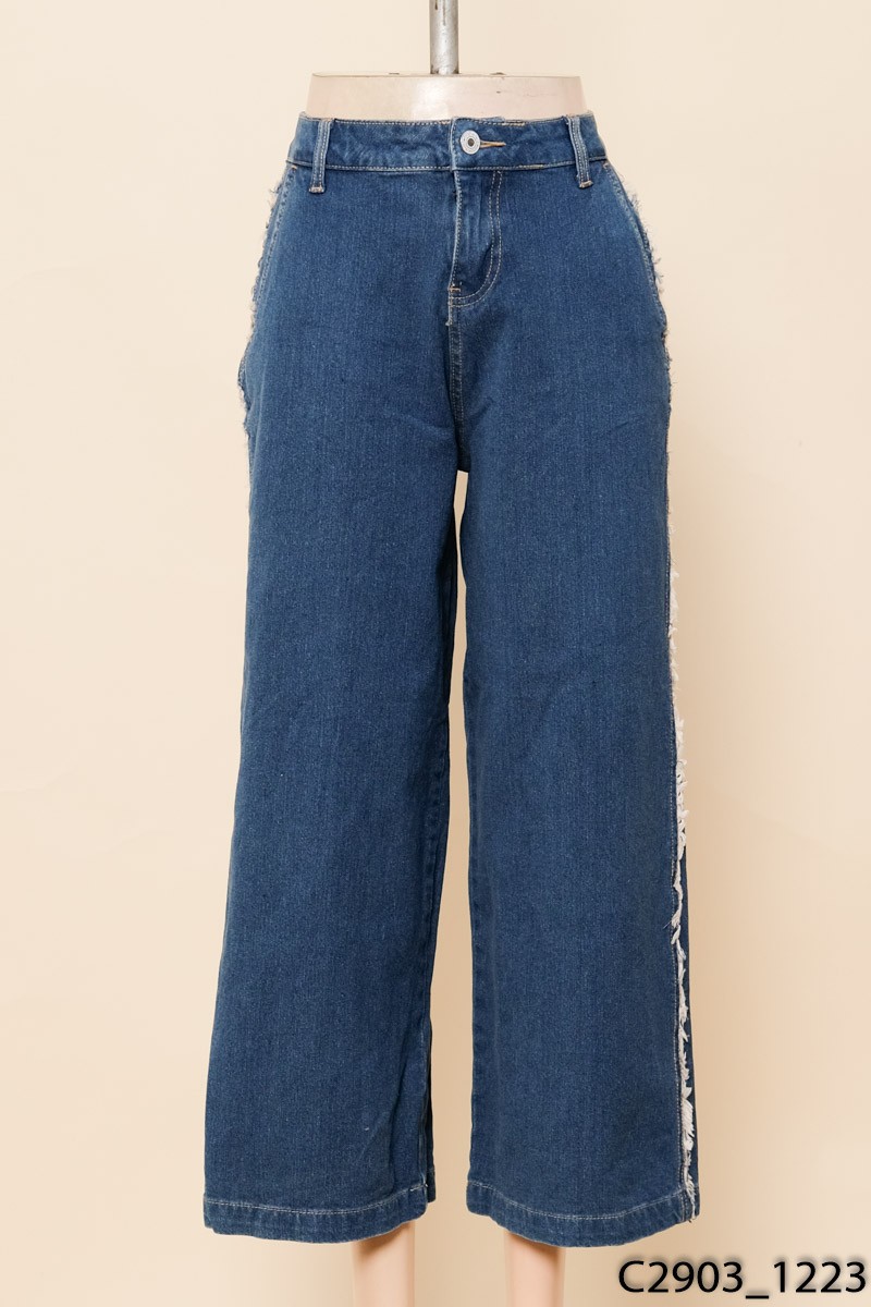 SNAKE-Quần jeans xanh ống suông tua rua