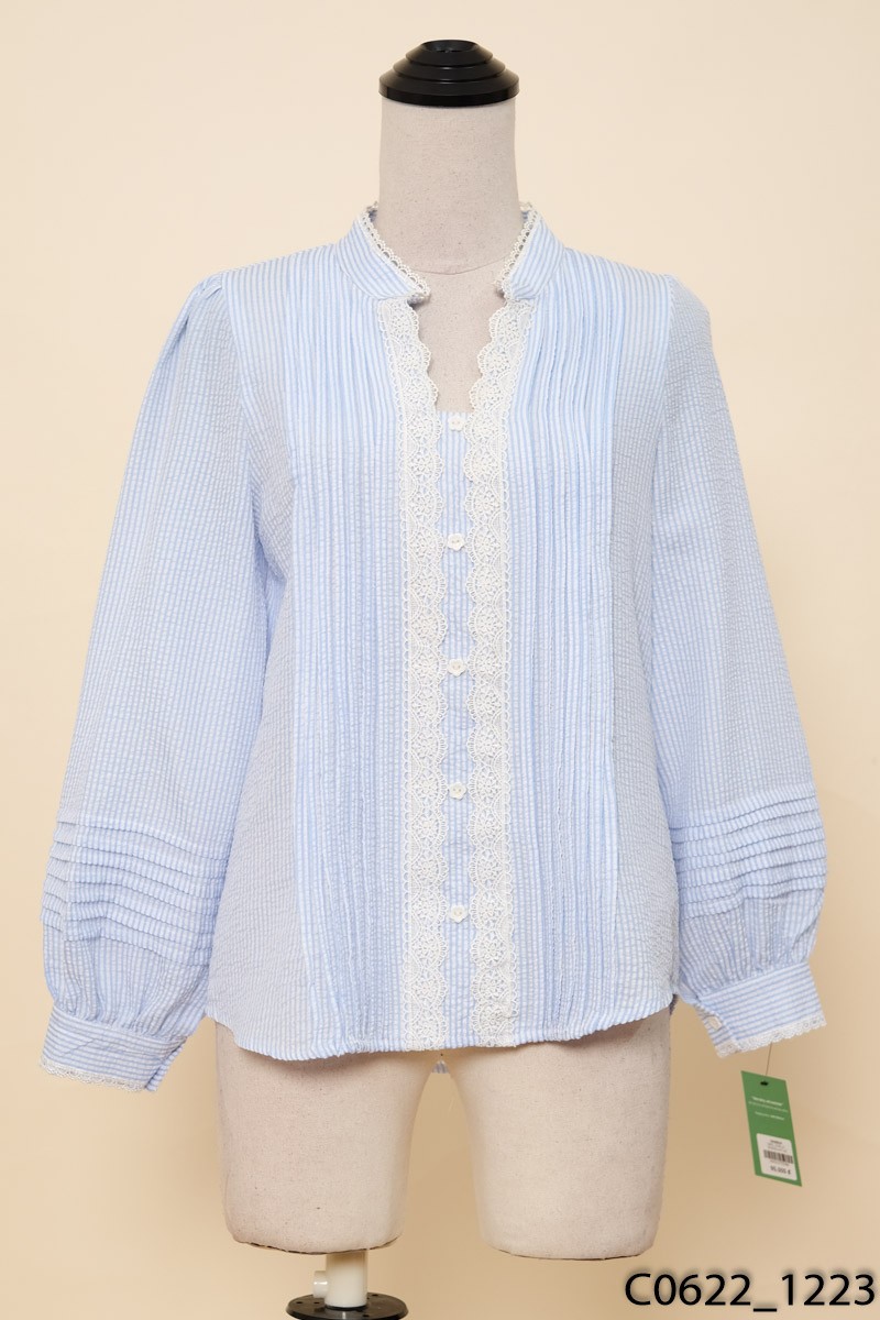NONA-Áo xanh xọc trắng phối ren