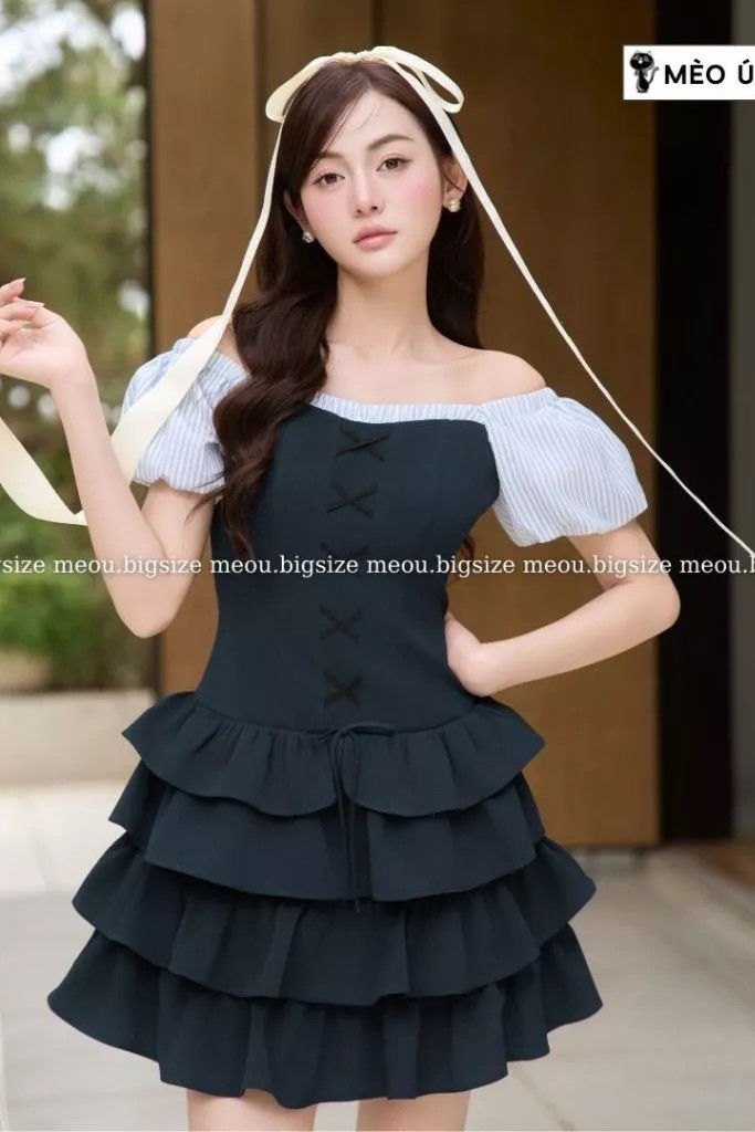 MÈO Ú BIGSIZE-Đầm xanh than phối cổ kẻ xanh