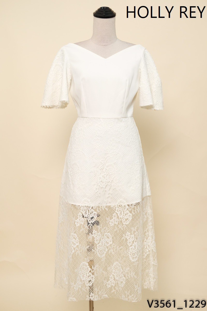 HOLLY-REY-Đầm trắng be cổ V phối ren New Tags