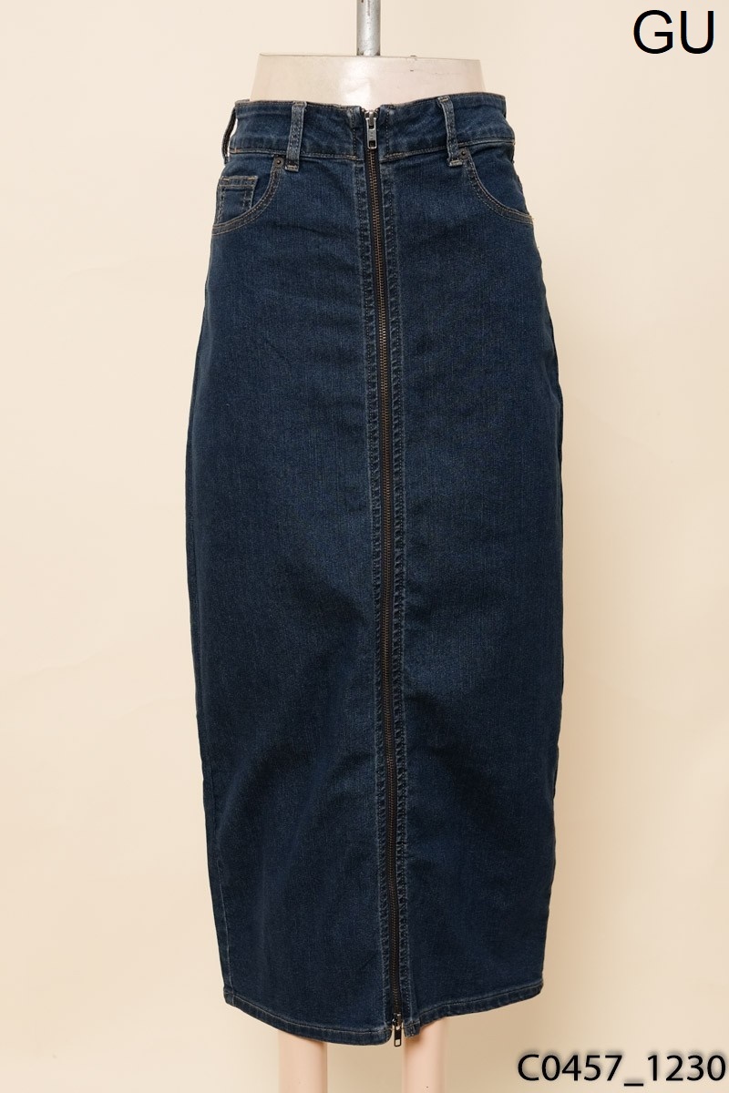 Chân váy jeans xanh kéo khóa GU