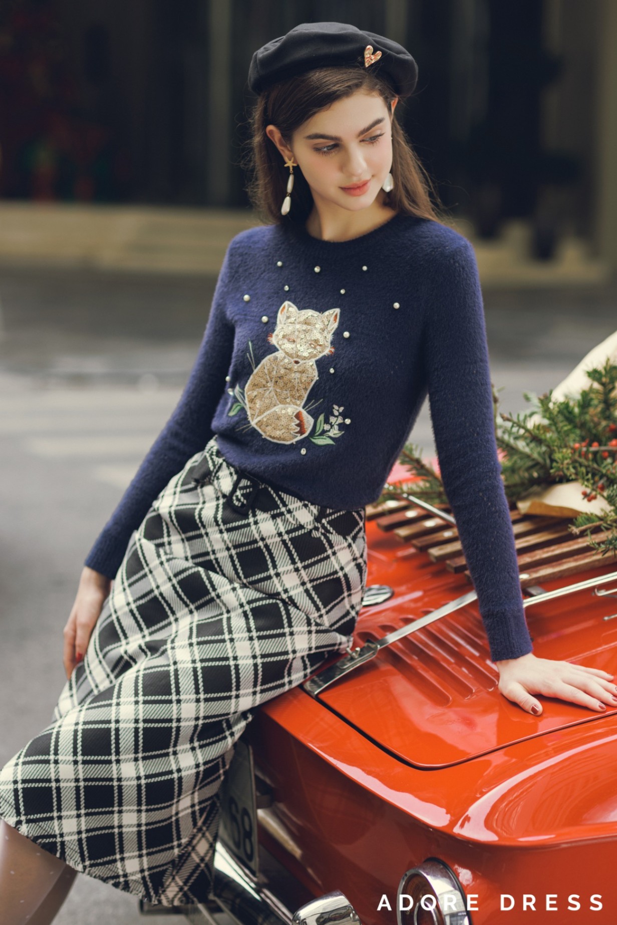 Chân váy dạ trắng kẻ đen adore dress