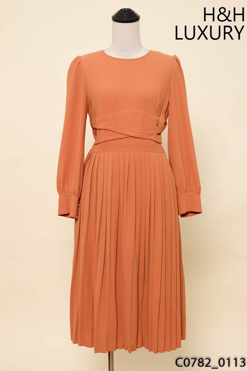 H&H LUXURY-Đầm cam xếp ly