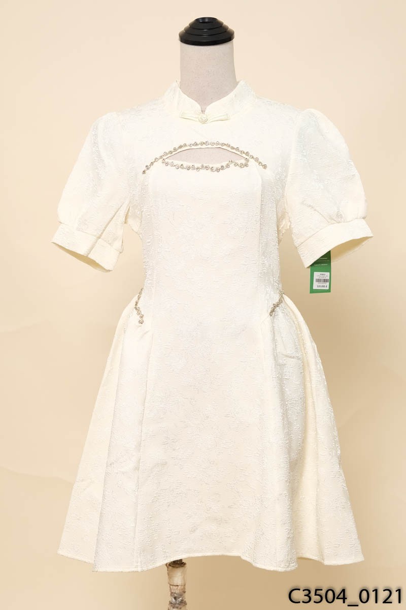 Đầm gấm be đính hạt New Tags