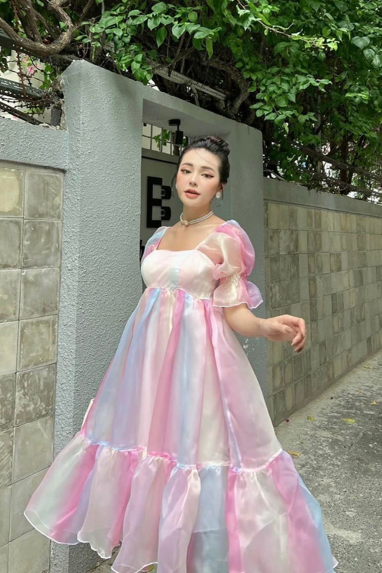 Đầm organza phối màu