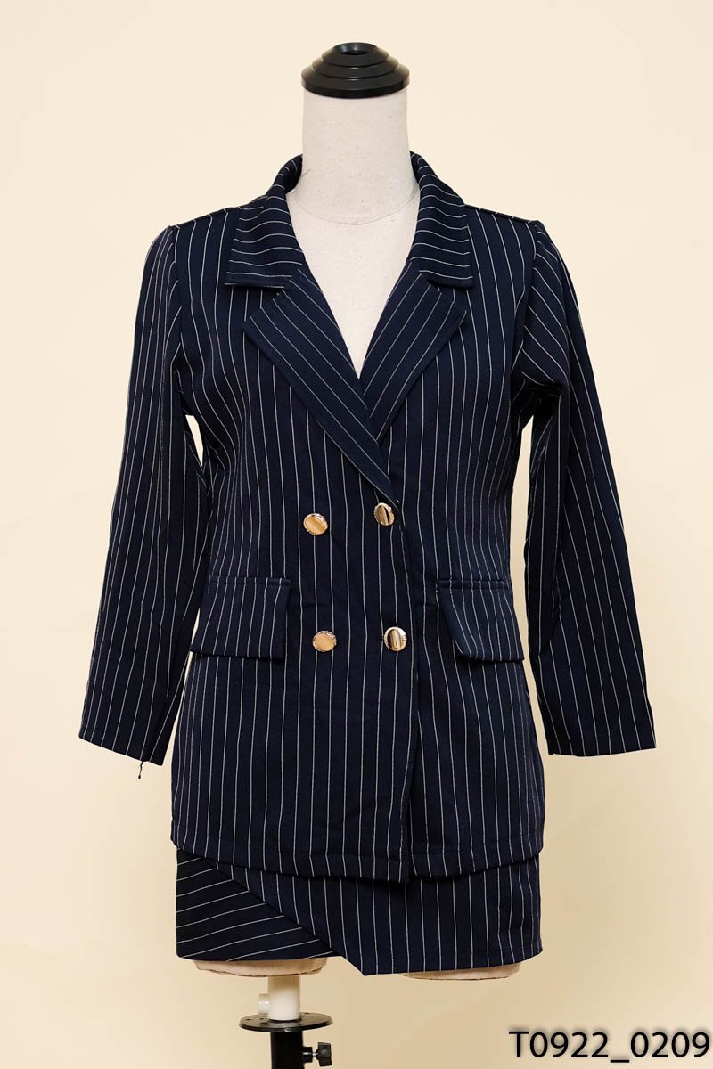 Set áo vest+ chân váy xanh than sọc trắng