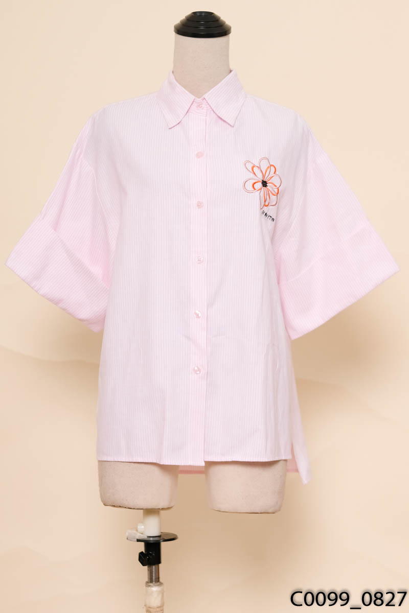 Áo sơ mi hồng kẻ cộc tay