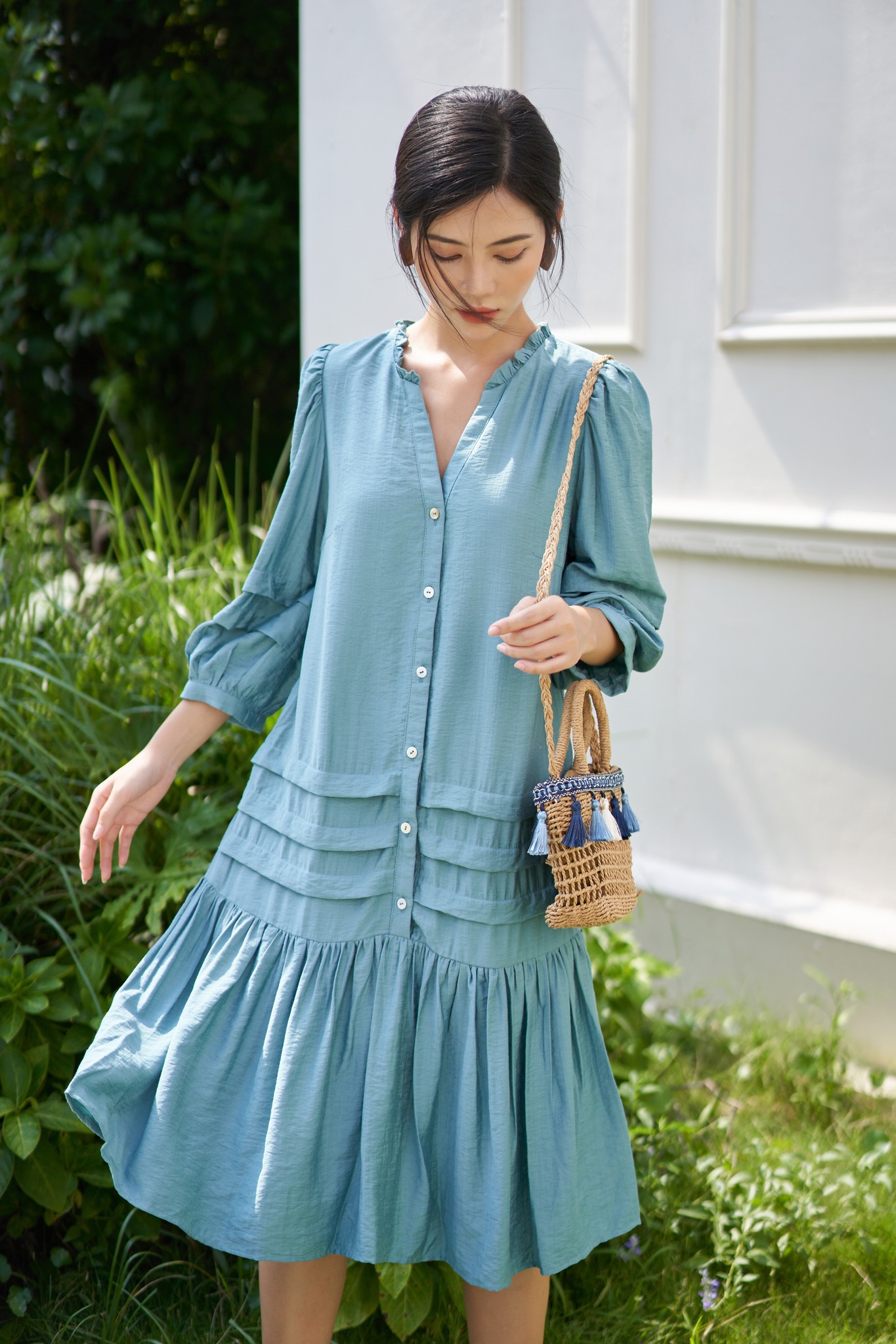 DELEAH-Đầm linen xanh
