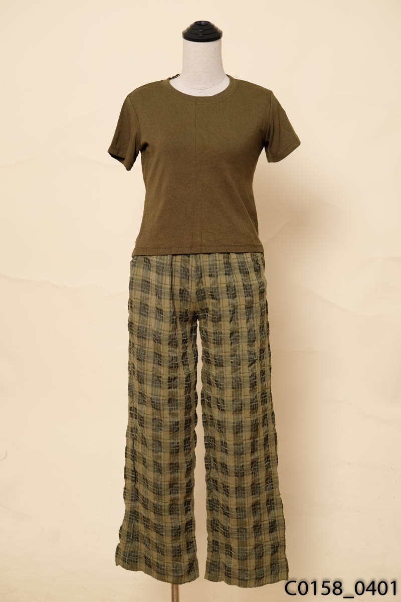 Set áo xanh + quần caro