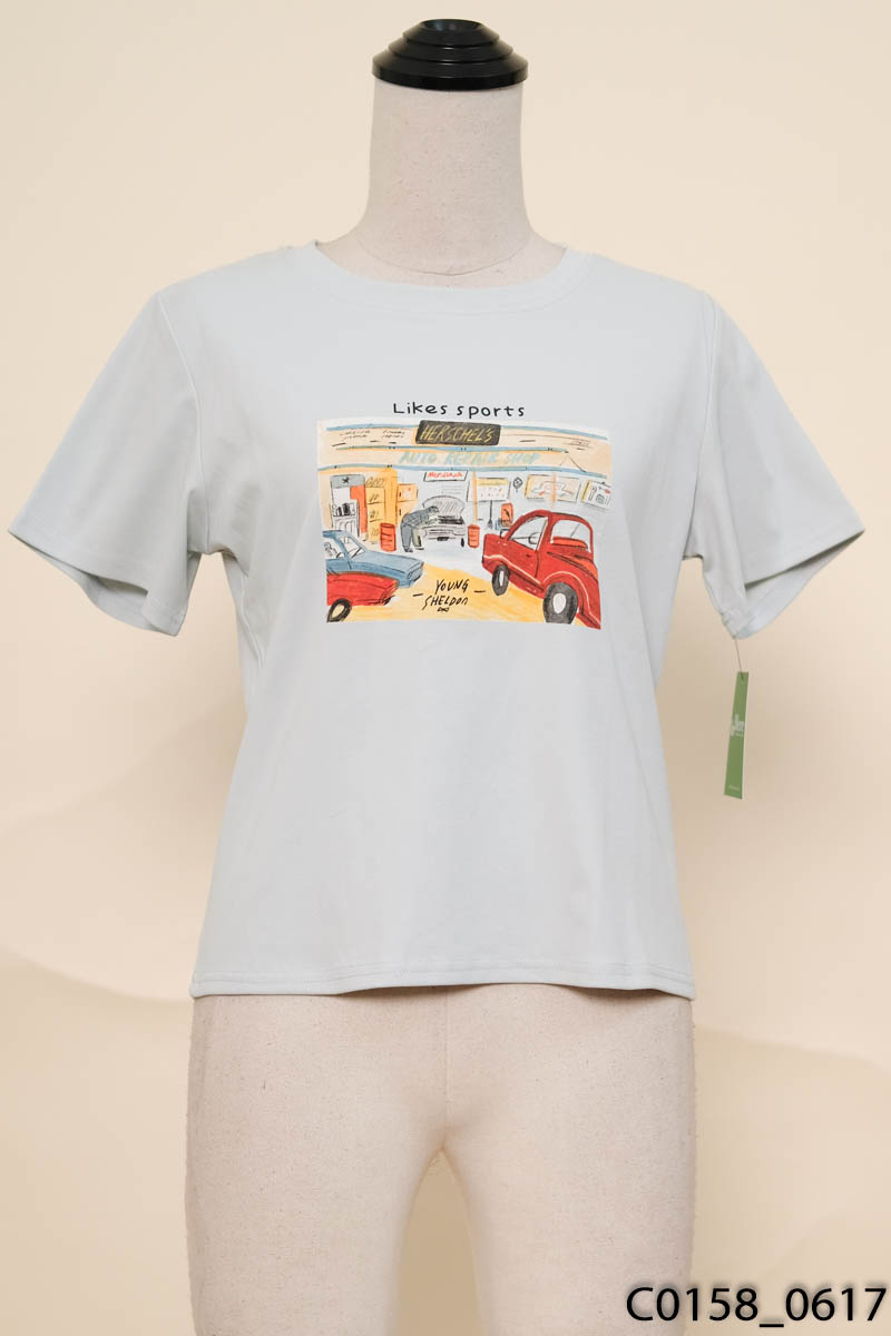 Áo thun xanh họa tiết in New Tags