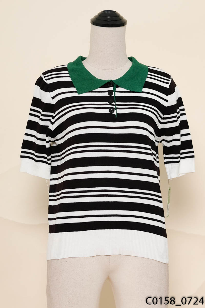 Áo polo kẻ đen trắng cổ xanh New Tags