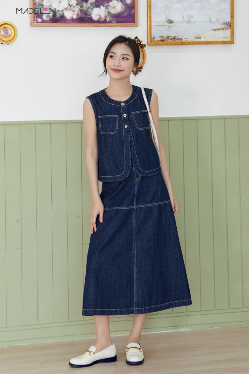 Áo gile jeans xanh túi ốp Madelen New Tags