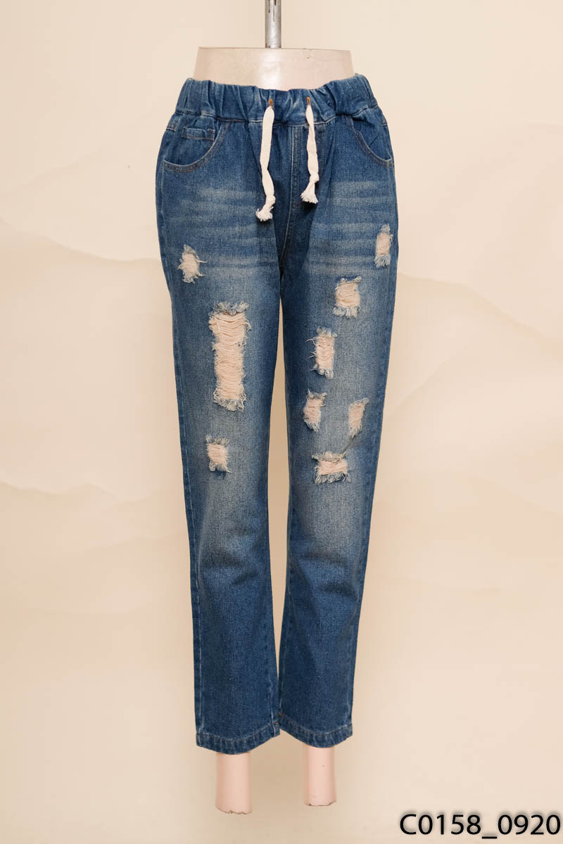 Quần jeans xanh rách cạp chun New Tags