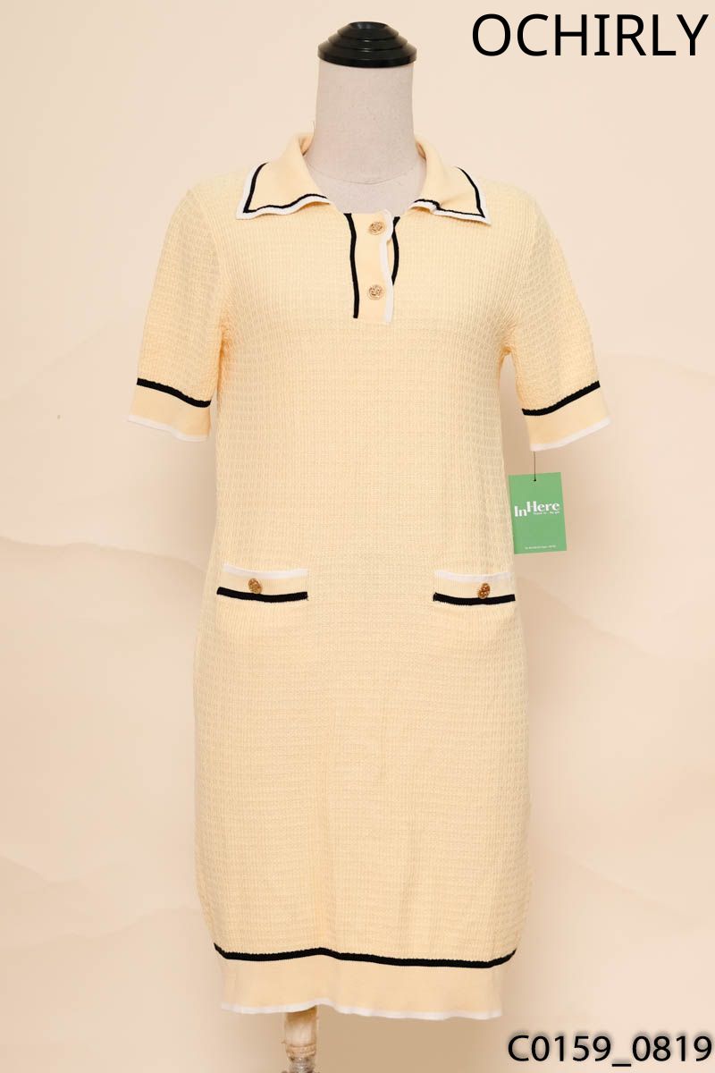 OCHIRLY- Đầm polo vàng viền đen trắng