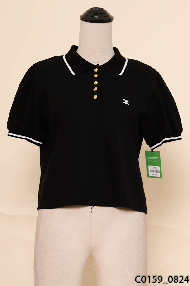 Áo polo đen viền trắng cộc tay