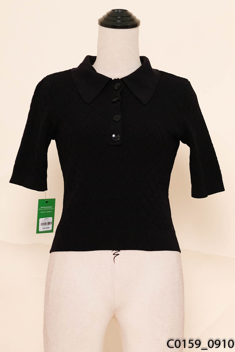 ONLY - Áo polo len đen cộc tay