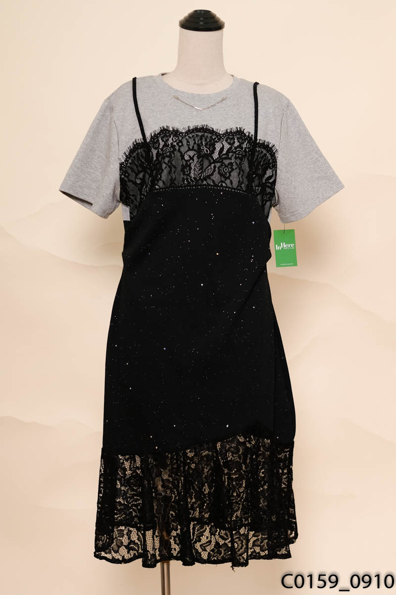 Đầm đen phối xám cộc tay New Tags