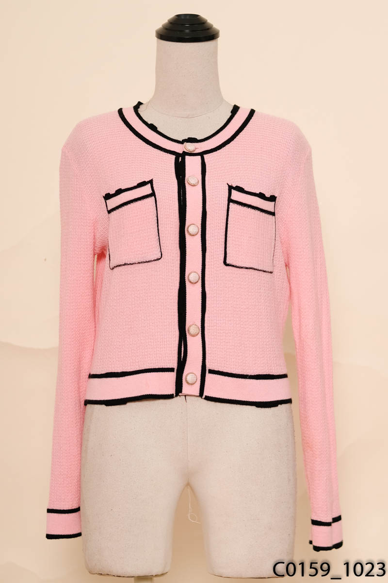 Áo cardigan hồng viền đen