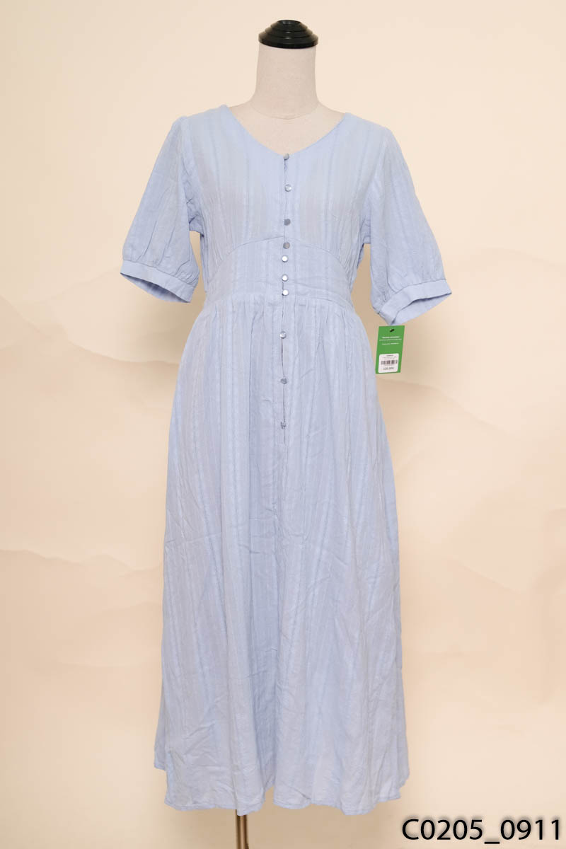 Đầm xanh cổ V cộc tay
