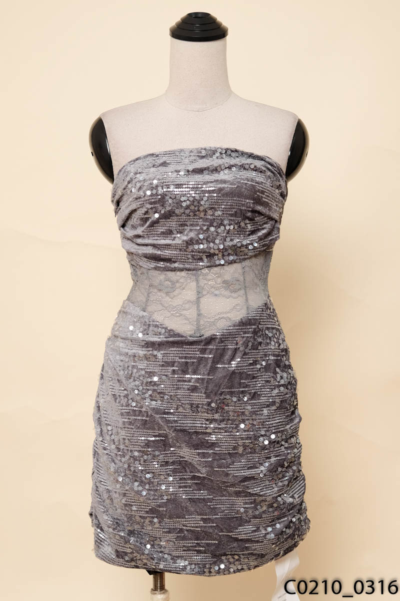 Đầm quây nhung ghi phối sequin New Tags