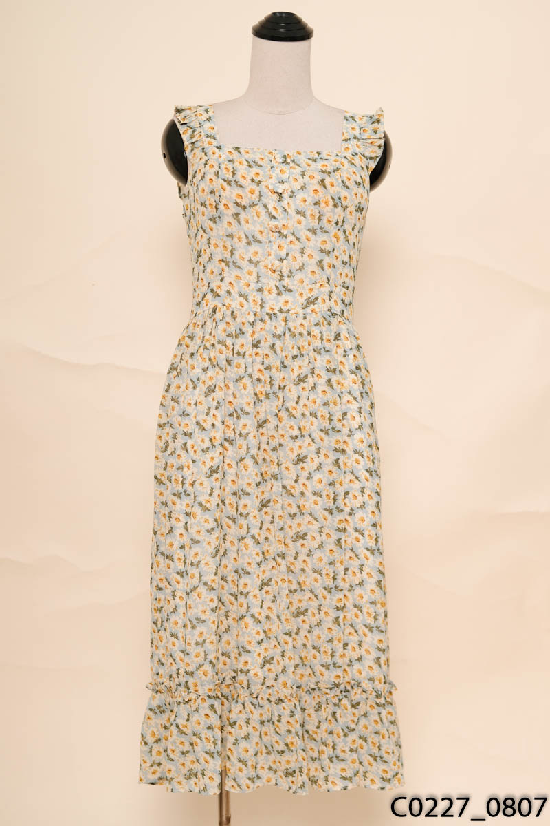 GA DRESS - Đầm 2 dây xanh họa tiết hoa
