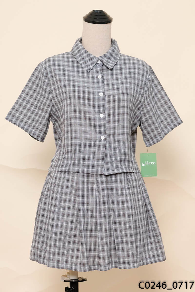 Set áo sơ mi kẻ xanh + chân váy