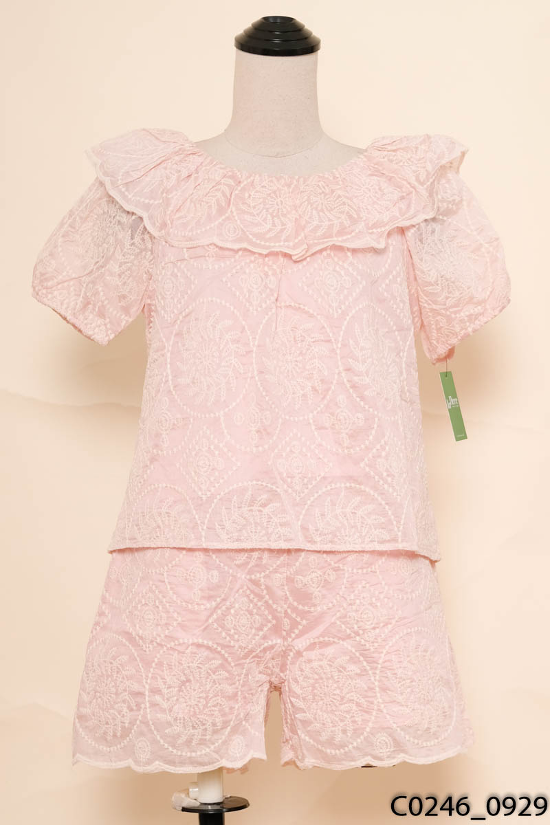 Set áo hồng họa tiết bo chun + quần shorts New Tags