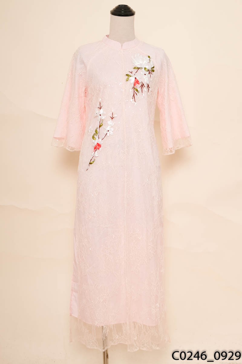 HH BOUTIQUE - Áo dài hồng phối lưới đính kim sa