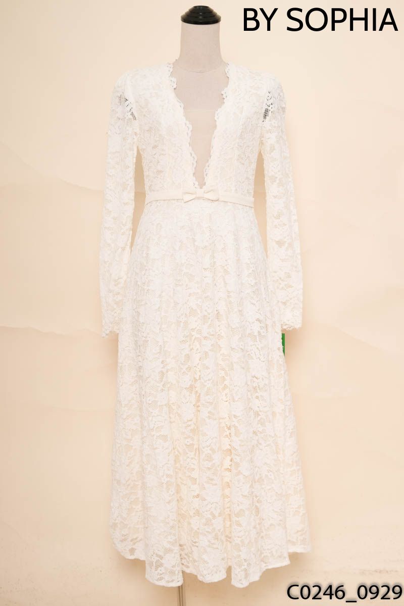 BY SOPHIA- Đầm be cổ V phối lưới ren New Tags