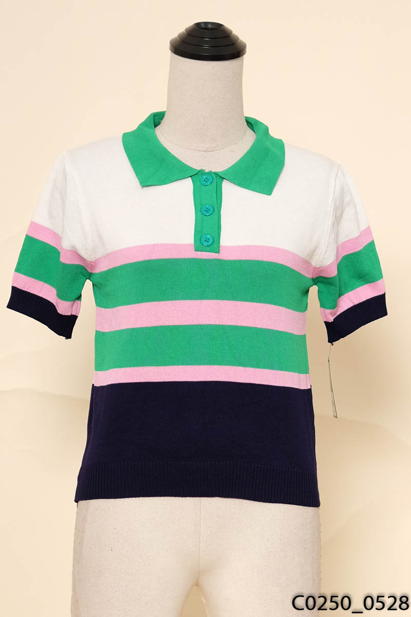 Áp polo trắng kẻ xanh hồng