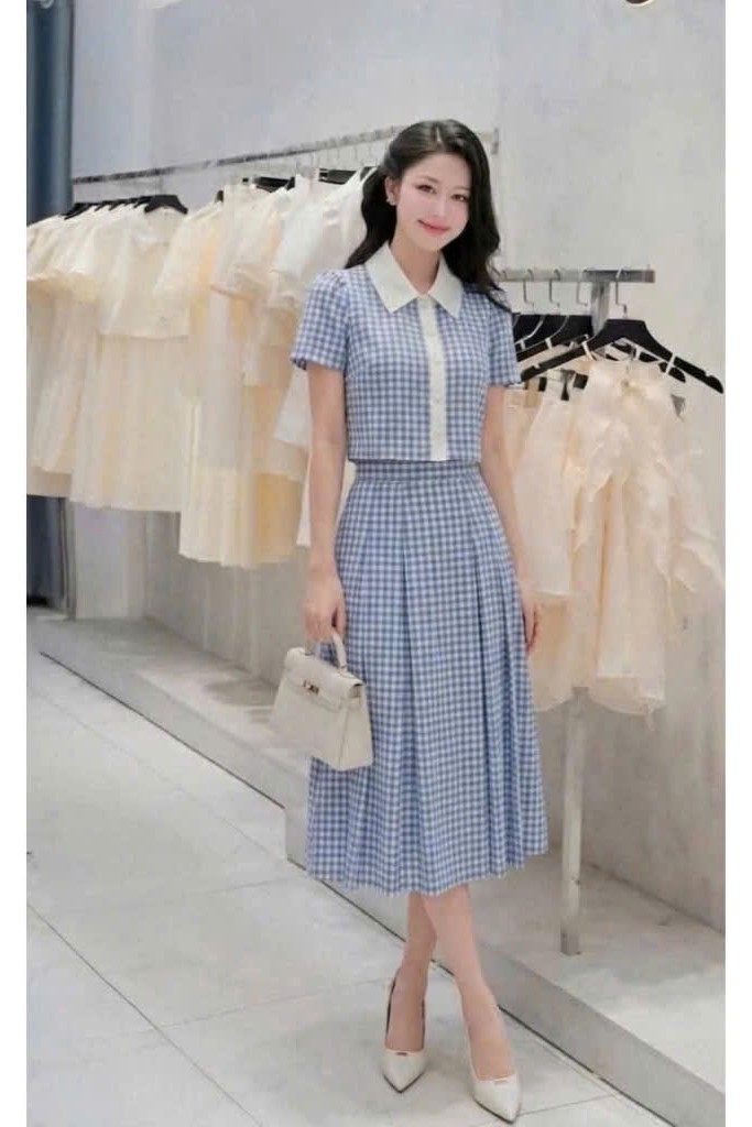 DCHAT - Set áo sơ mi kẻ xanh trắng + chân váy