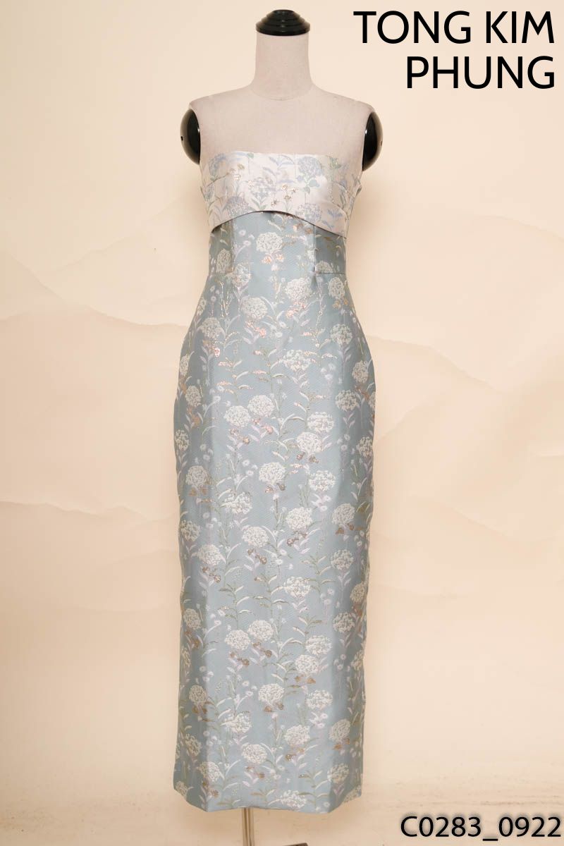 TONG KIM PHUNG- Đầm cúp ngực xanh họa tiết New Tags
