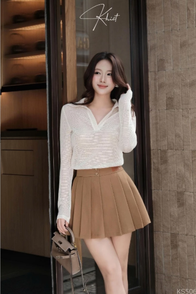 KHIẾT - Chân váy nâu xếp ly New Tags