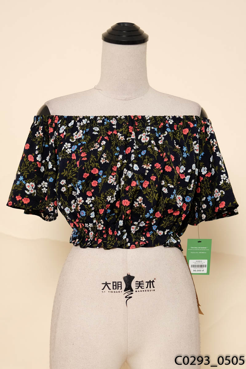 Áo trễ vai xanh than họa tiết hoa New Tags