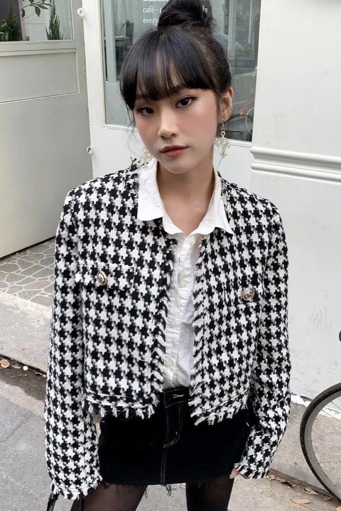 Áo dạ tweed kẻ caro đen trắng Tí Ngoan