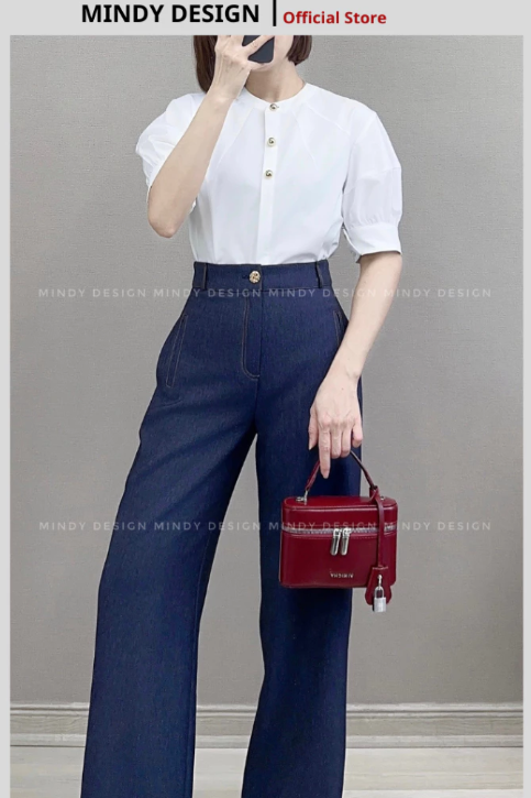 MINDY DESIGN- Áo cổ tàu trắng cúc vàng