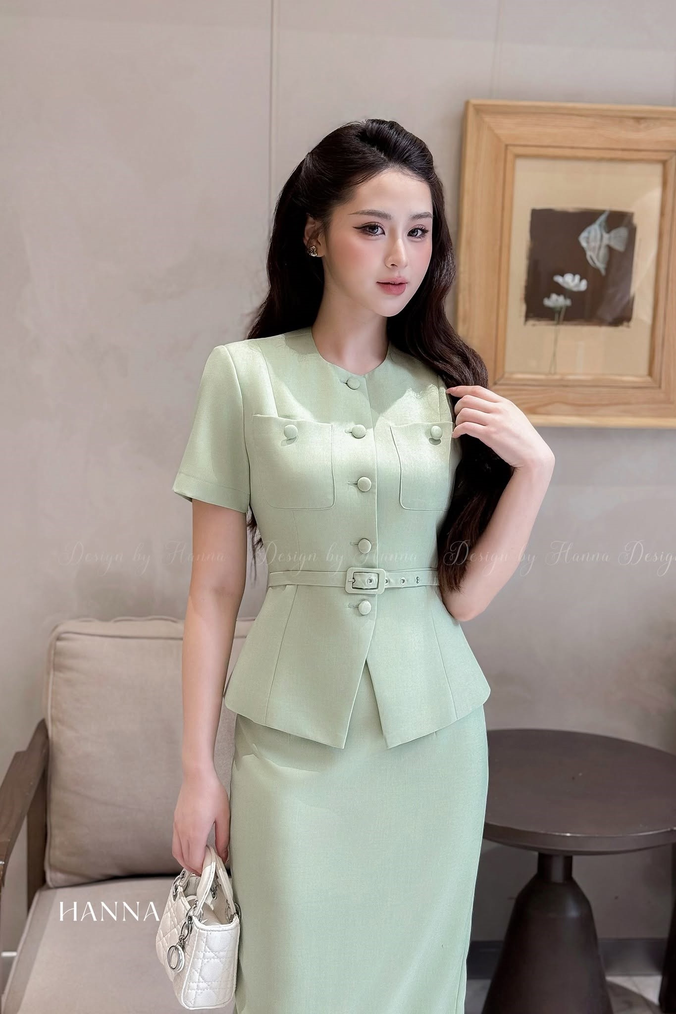 HANNA DESIGN - Set áo xanh cộc tay + chân váy suông