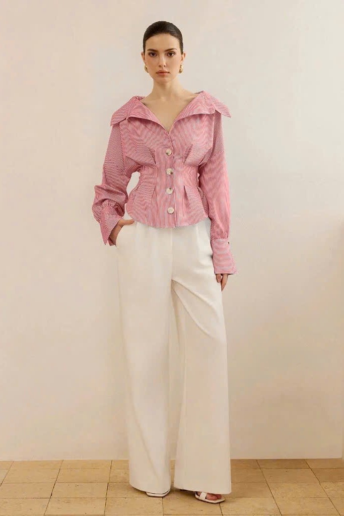 OHLALA- Áo sơ mi sọc trắng hồng thắt eo