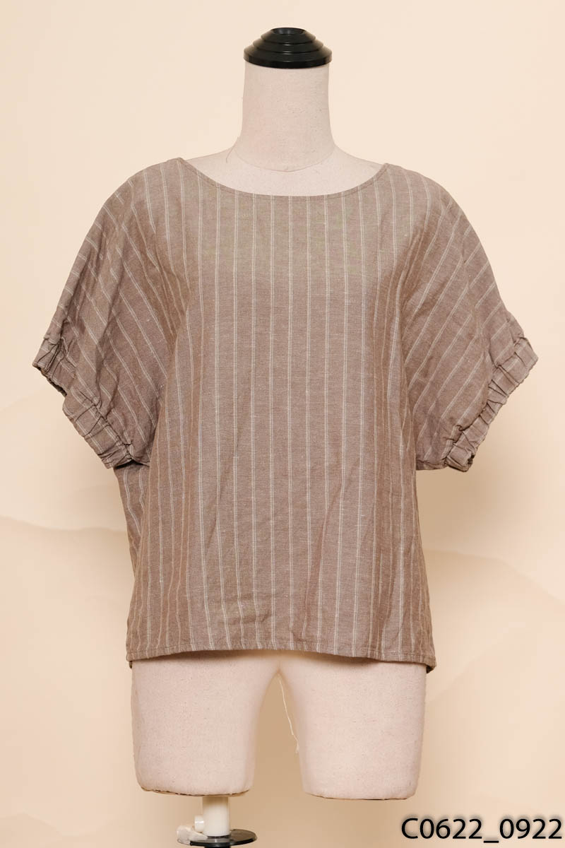 JO-ANN- Áo linen cánh dơi xám sọc màu