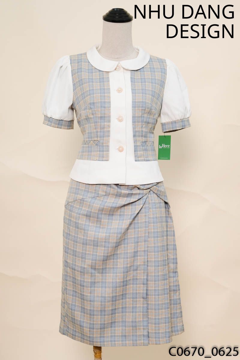 NHU DANG DESIGN-Set áo+chân váy kẻ xanh