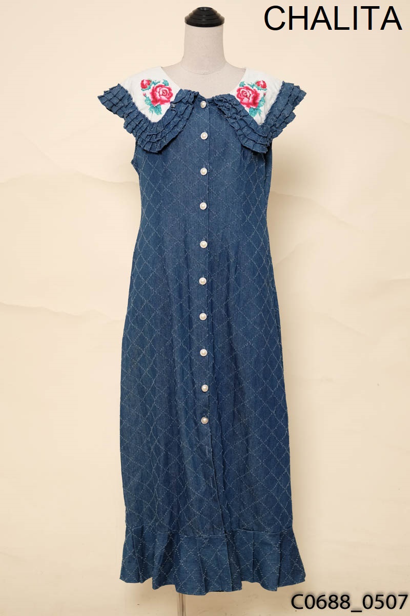 CHALITA-Đầm jeans xanh cổ hoa Newtags