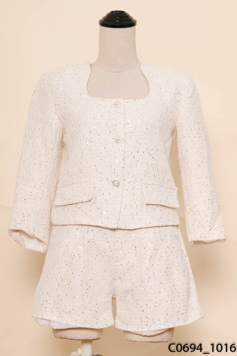 Set áo be dạ tweed đính kim sa + quần shorts